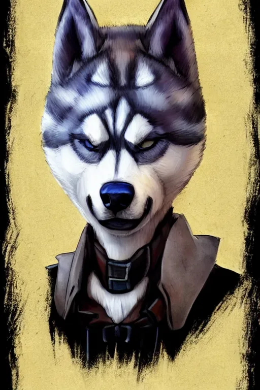Image similar to a [ portrait painting ] of a husky in cowboy costume in the style of anime, [ character design ], [ a fistful of dollars ], [ per un pugno di dollari ], humanoid, personify, anthropomorphic, treniding on artstation