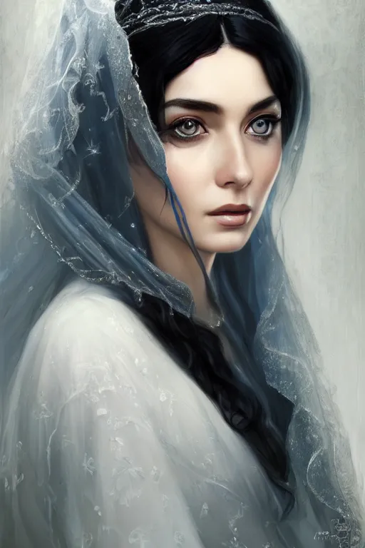 Prompt: Ameera al-Taweel, blue eyes, long wavy black hair, white veil, closeup, focus face, elegant, highly detailed, centered, digital painting, artstation, concept art by tom bagshaw, illustration