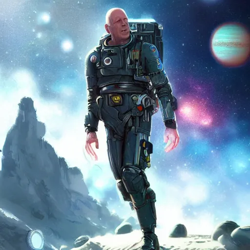 Image similar to bruce willis as a space explorer, by yuumei, bayard wu, wlop, tim white, ross tran, photorealistic, 4 k