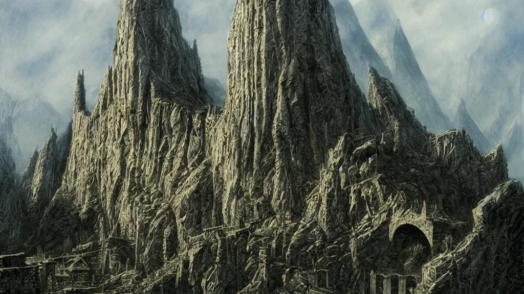 Image similar to beautiful helms deep, by alan lee, intricate, lord of the rings calendar, smooth, detailed terrain, oil painting, high detail, trending artstation, concept art