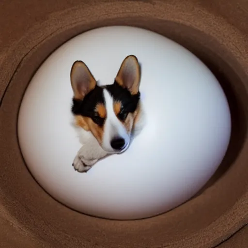 Image similar to corgi sleeping in an egg, realistic photography, high detailed