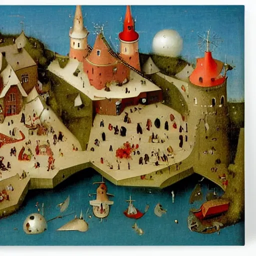 Prompt: santas village by hieronymus bosch, isometric view, whimsical, colorful,