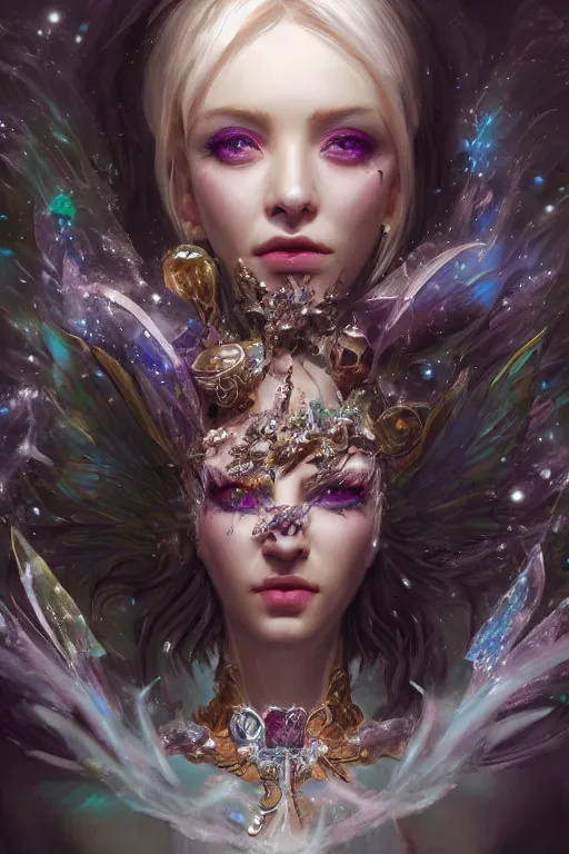 Prompt: face closeup covered with ice of extremely beautiful girl necromancer, magical fairy ice and ice velvet, diamonds, jewels, angels, 3 d render, hyper - realistic detailed portrait, holding fire and electricity rainbow, ruan jia, wlop. scifi, fantasy, magic the gathering, hyper detailed, octane render, concept art, peter mohrbacher