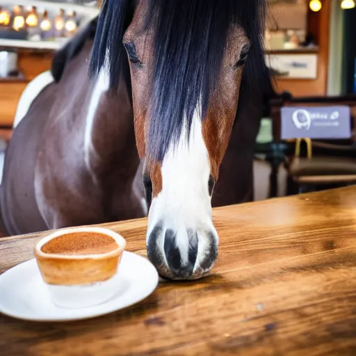 Image similar to a photo of a horse picking its nose, while in a cafe