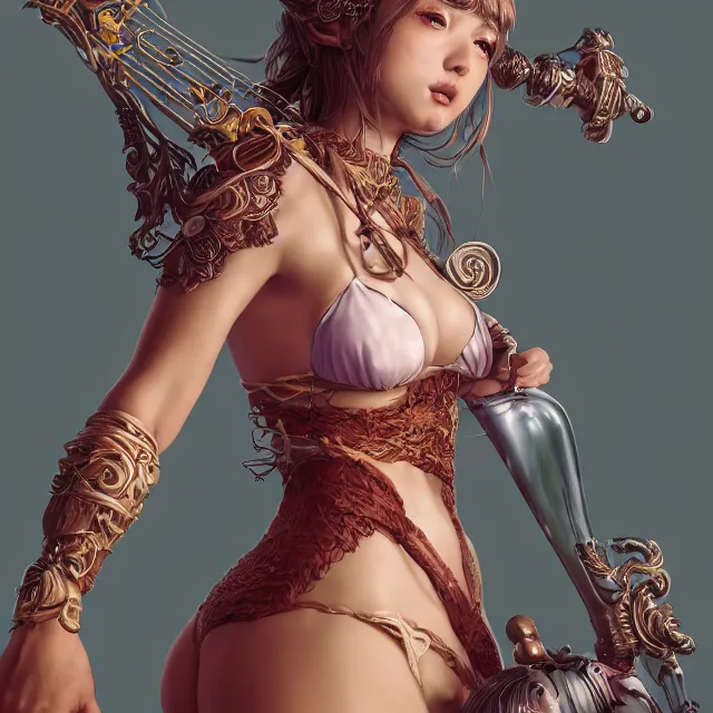 Image similar to studio portrait of neutral good colorful female cleric bard healer as absurdly beautiful, elegant, young sensual swimsuit model, ultrafine hyperrealistic detailed face illustration by kim jung gi, irakli nadar, intricate linework, sharp focus, bright colors, matte, octopath traveler, final fantasy, unreal engine highly rendered, global illumination, radiant light, intricate environment