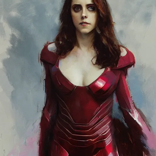 Image similar to alison brie as kristen stewart playing the scarlet witch wearing the iron man armor, intricate, elegant, highly detailed, greg manchess, mucha, liepke, ruan jia, jeffrey catherine jones, ridley scott