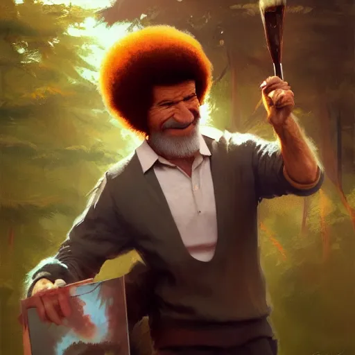 Prompt: Bob Ross throwing away paintings, illustrated by Greg Rutkowski, photorealistic facial features, trending on artstation, 4k, 8k