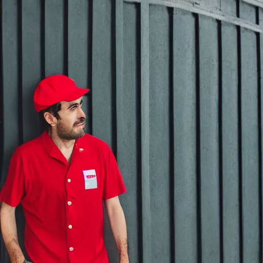 Prompt: italian plumber wearing a red hat and shirt, blue jumpsuit.