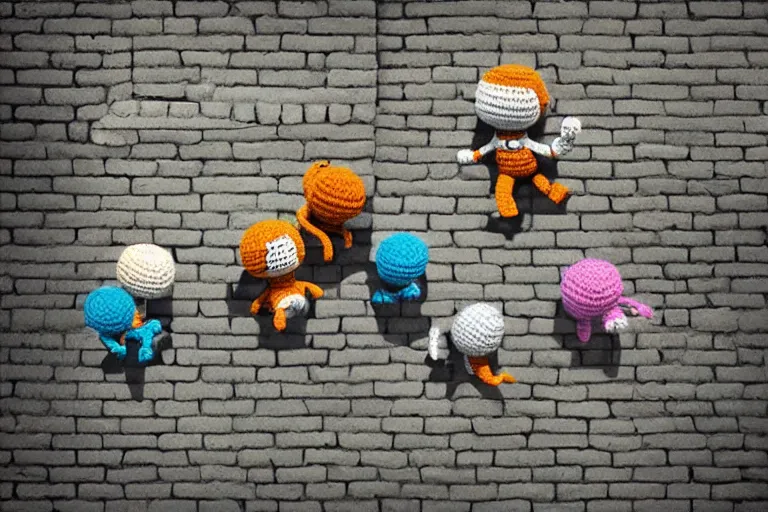 Image similar to an expedition of crochet cute astronauts climbing a brick wall. cute, illustration, digital art, inspired by little big planet, by greg rutkowski, detailed, sharp, masterpiece, highly detailed, photorealistic, octane render, 8 k, unreal engine 5, trending on artstation, vivid colors