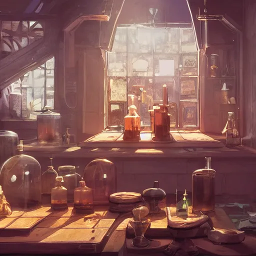 Image similar to an alchemist lab, potions, stills, complex devices, concept art illustration, color page, tone mapping, akihiko yoshida, james jean, andrei riabovitchev, marc simonetti, digital illustration, greg rutowski, volumetric lighting, sunbeams, particles