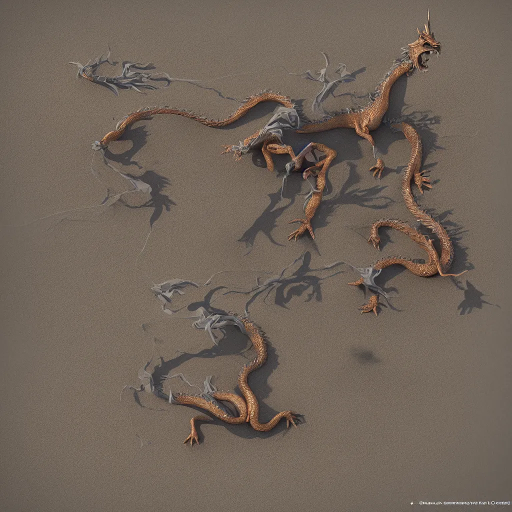 Image similar to dragon with big sequins and engraved on sand, art staton, octane render, 4 k, 8 k, colony, man standing