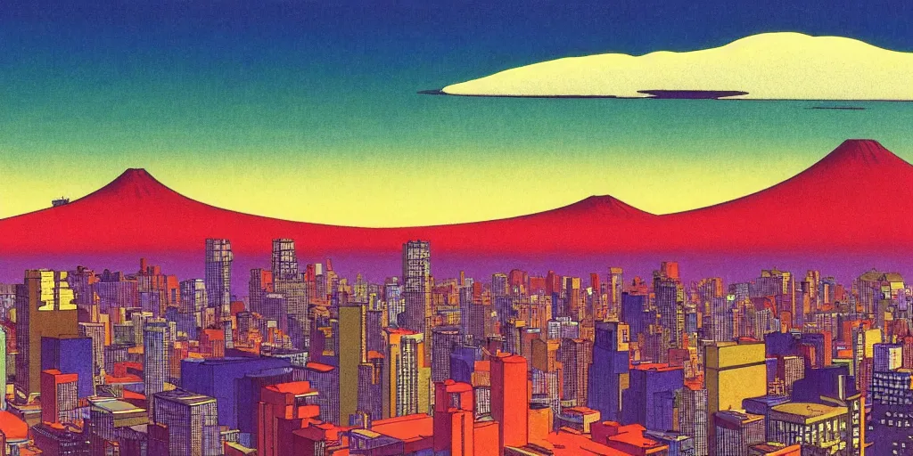 Image similar to skyline of a large metropolis, large mountain looming in the background, acid and dreaming psychedelic hallucinations, by kawase hasui, moebius and edward hopper, colorful flat surreal design, hd, 8 k, artstation