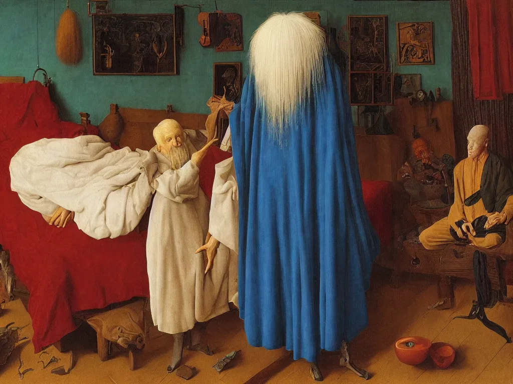 Image similar to Portrait of albino mystic with blue eyes, standing near the bed of a very old man with leprosy. Painting by Jan van Eyck, Audubon, Rene Magritte, Agnes Pelton, Max Ernst, Walton Ford