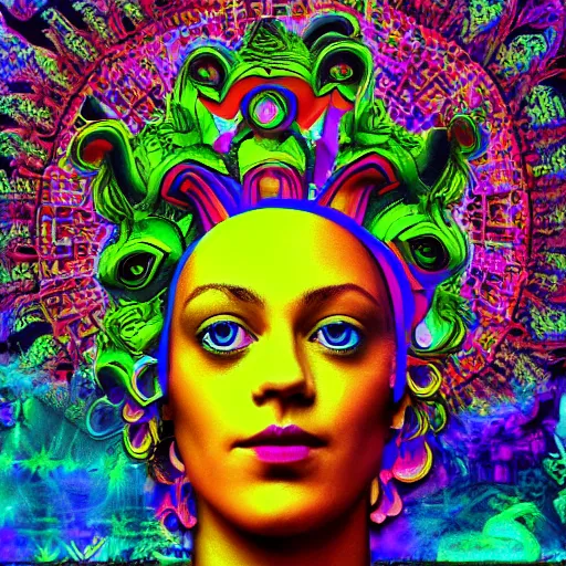 Prompt: Portrait of a Deity foreground, psychedelic, collage art background, mixed media, hypermaximalist, photo realistic, 8k