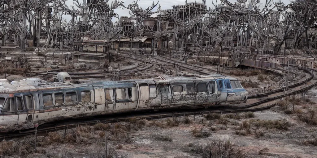 Image similar to post - apocalyptic magic kingdom, wasteland, barren, monorail, abandoned, walt disney world, highly detailed, intricate, 8 k