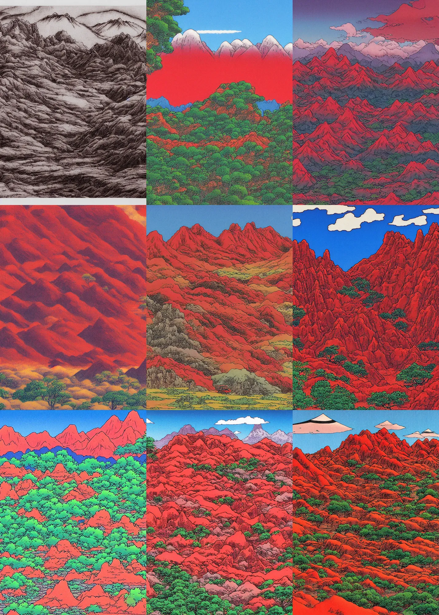 Prompt: landscape wih red mountains, by akira toriyama