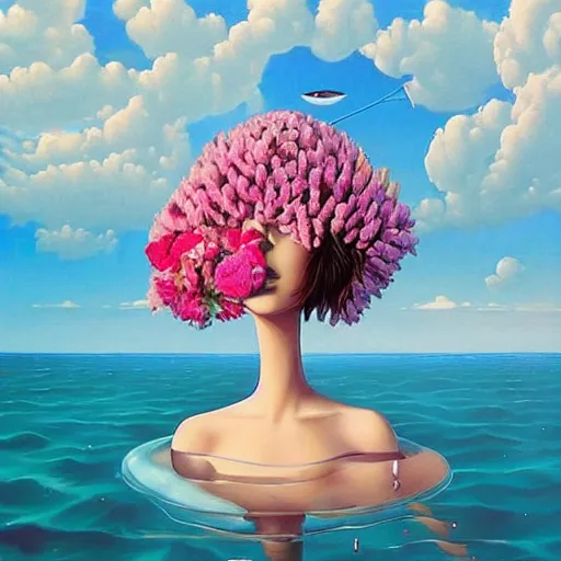 Prompt: RHADS, award winning masterpiece with incredible details, RHADS, a surreal vaporwave vaporwave vaporwave vaporwave vaporwave painting by RHADS of an old pink mannequin head with flowers growing out, sinking underwater, highly detailed RHADS