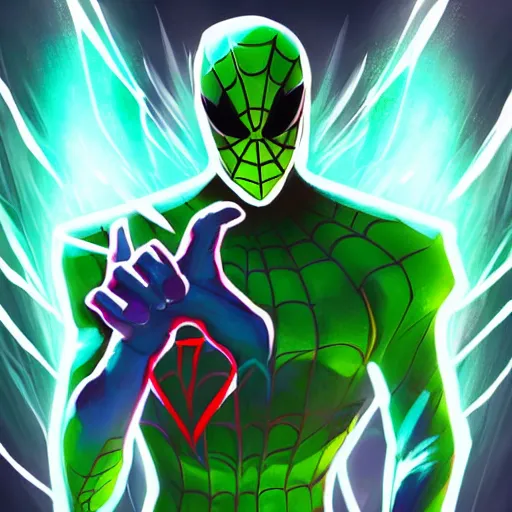 Image similar to splash art of a cool beautiful green and cyan spiderman in a stylish pose in the style of the league of legends splash art, digital art by Michelle Hoefener