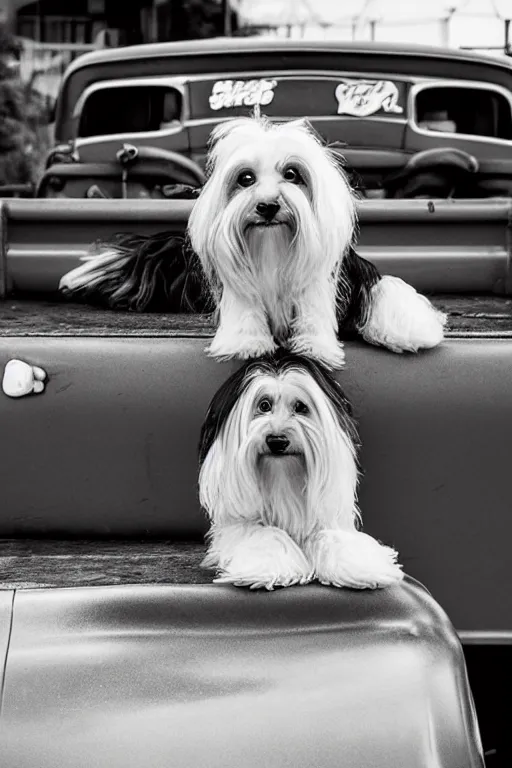 Image similar to “a Havanese dog with a ponytail and wearing cowboy boots, sitting on the back of a vintage Ford pick-up truck” 20 mm photo, Leica, F4”