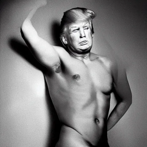 Image similar to hyper realistic photo of donald trump as a playboy model, proportional body