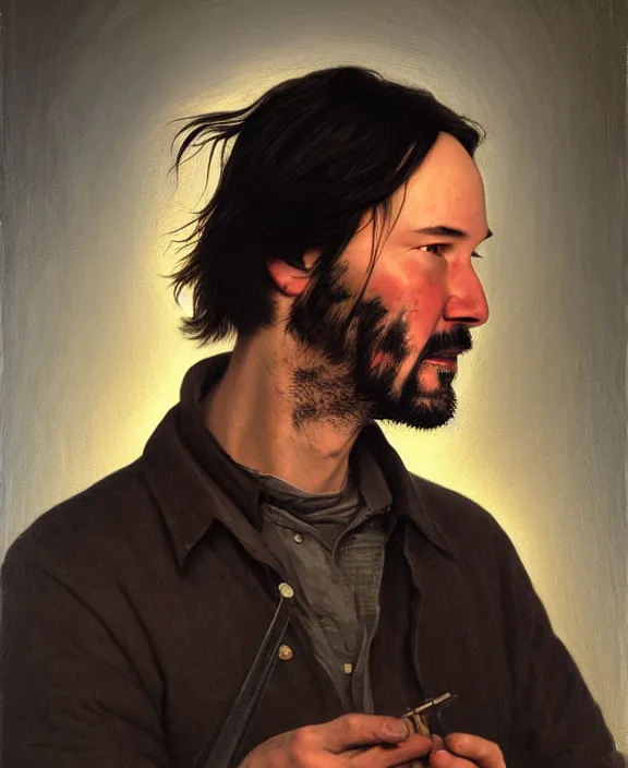 Prompt: portrait of keanu reeves as a kentucky farmhand, art by denys tsiperko and bogdan rezunenko and george caleb bingham, hyperrealism