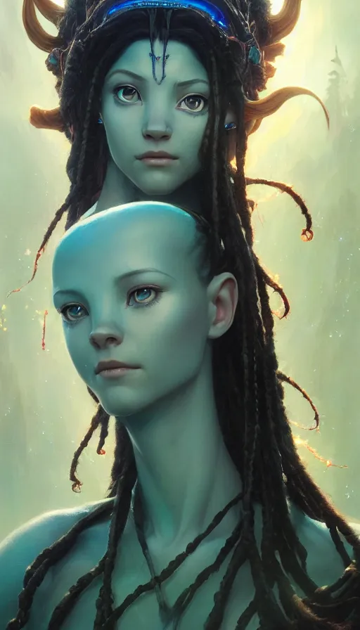 Image similar to highly detailed portrait of beautiful goddess in avatar, stephen bliss, unreal engine, fantasy art by greg rutkowski, loish, rhads, ferdinand knab, makoto shinkai and lois van baarle, ilya kuvshinov, rossdraws, tom bagshaw, global illumination, radiant light, detailed and intricate environment