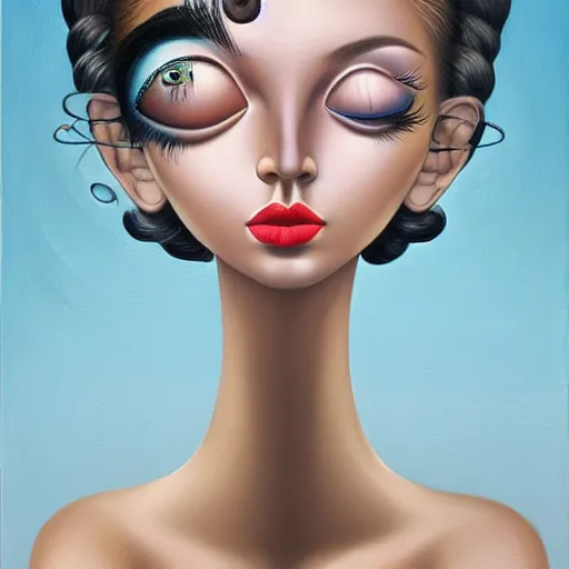 Image similar to very detailed, behance contest winner, a painting of a woman, pop surrealism, minimalist, detailed painting, skeuomorphic, an ultrafine detailed painting by rafal olbinski, airbrush art