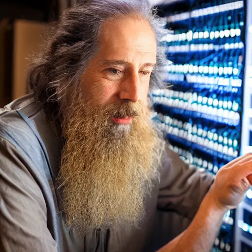 Prompt: a wise beared sysop fixing a linux server, gnu, stallman, RMS, server rack, data centre, ethernet cable, wise man, gandalf