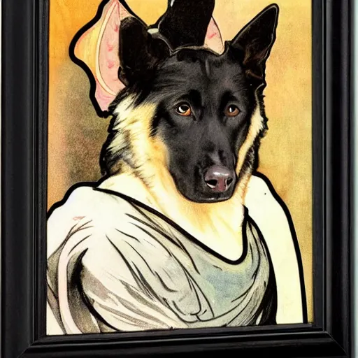 Prompt: a black german shepherd mix dog with pointed ears and a tiny white tail tip by alphonse mucha