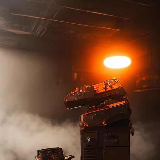 Image similar to cyborg with toaster oven chest, dark messy smoke - filled cluttered workshop, dark, dramatic lighting, orange tint, sparks, cinematic, highly detailed, sci - fi, futuristic, movie still