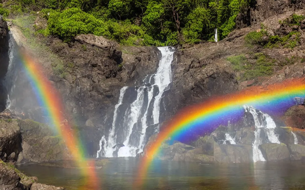 Prompt: a large waterfall that descends from a mountain and comes to a stream with clear water, gray clouds in the sky and a rainbow realistic photo