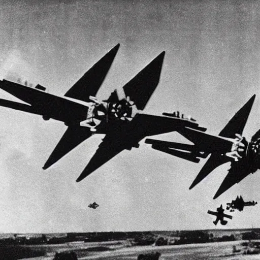 Image similar to an old ww2 photograph of star wars TIE fighters, AT-AT, WW2 planes fighting