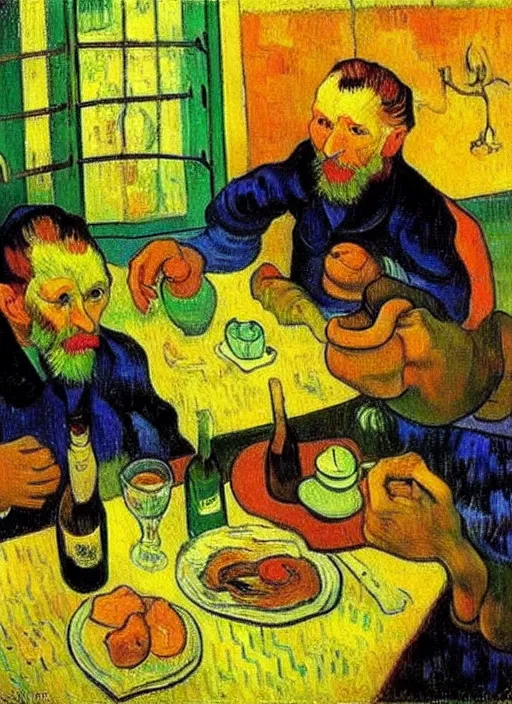 Image similar to good morning, artist painting on a canvas showing breakfast, painting by vincent van gogh, paul gauguin