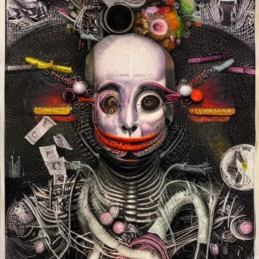 Image similar to abstract post - punk new age album cover, asymmetrical design, dollar bank notes, capitalism, magic, apocalypse, psychedelic, black white pink, highly detailed, magic, giger h. r., abstract giuseppe arcimboldo