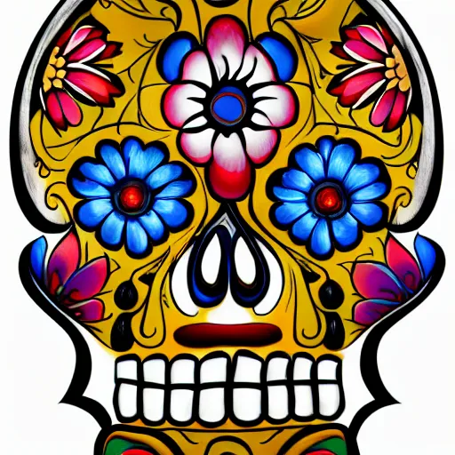 Prompt: A highly stylized digital HD painting of the face of a tattooed Day of the Dead skull smiling head and shoulders three-quarters view, with flowers, intricate patterns on face, on a poster promoting AI art