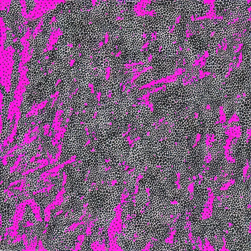 Image similar to camo made of out teeth, smiling, abstract, maya bloch artwork, pink convertible, do hoang tuong artwork, cryptic, dots, stipple, lines, splotch, concrete, color tearing, pitch bending, faceless people, tribal, dark, ominous, eerie, minimal, points, technical, painting