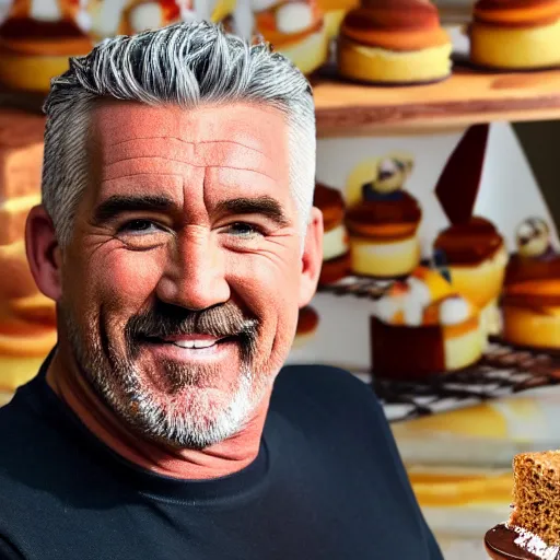 Image similar to a close up photo of Paul Hollywood stealing a pack of 6 cakes from the bakery, excited expression, running towards the camera, photorealistic, clear lighting, detailed, 4k