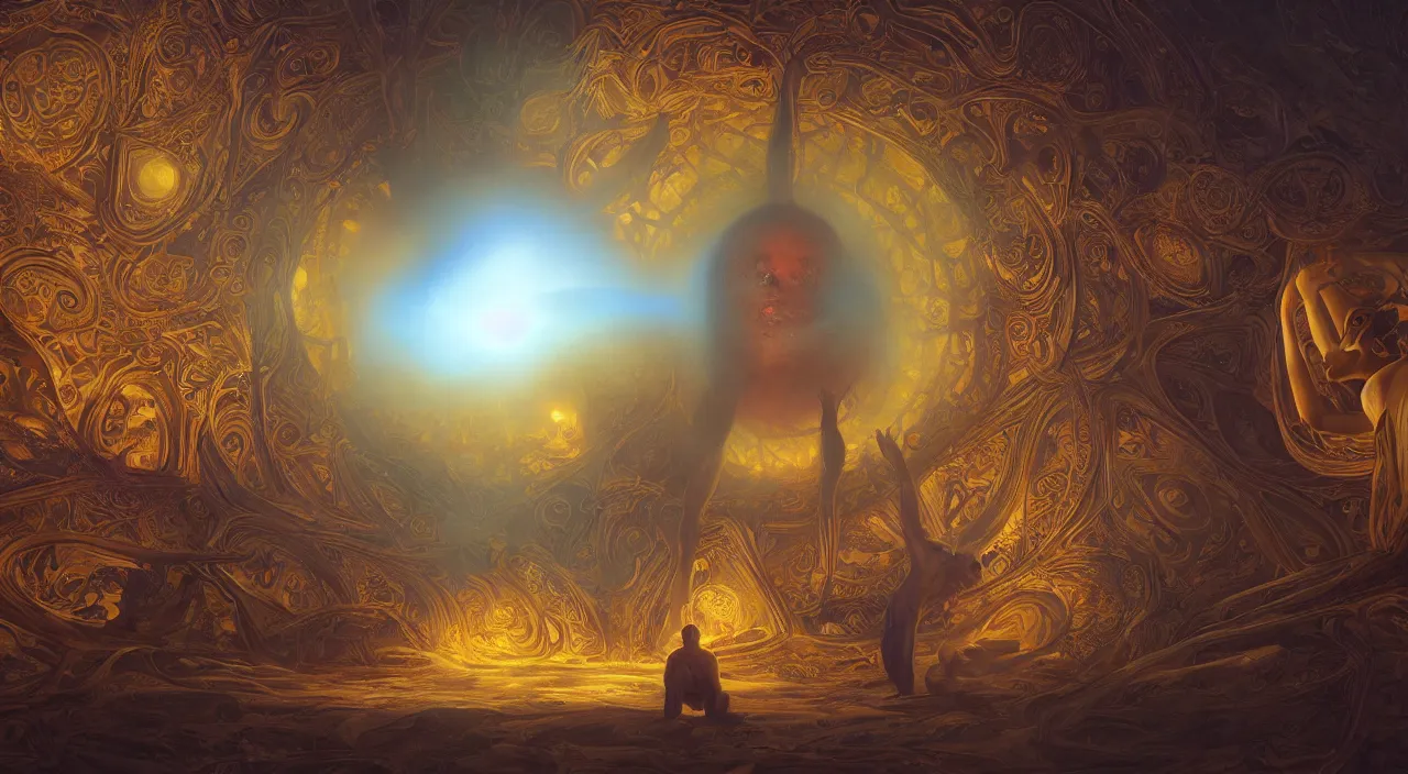 Prompt: visions of dmt, psychedelic fantasy - rays, ray - tracing, cinematic lighting, 4 k smooth, cinematic, complex, highly atmospheric lighting, golden ratio, rule of thirds, highly detailed, ornate, claudio bravo, alex grey, greg rutkowski, focus, cinematic, concept art, artstation, trending