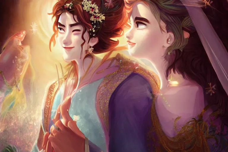 Image similar to a cinematic portrait of wedding photograph jpeg close up moment of a divine a japan sun god and moon goddess lovers magician at a wedding banquet. portraiture. digital painting. artstation. concept art. wedding photo. illustration. frozen ii art masterpiece by art by krenz cushart