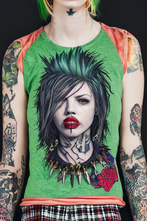 Image similar to upper body portrait hannah murray as a punk woman with green mohawk, covered in neotraditional style tattoos, wearing a bold tee shirt, flannel jacket, fishnets and a long tartan skirt, intimidating, max details, hyperrealistic, photorealistic, ultra - realistic, ultra - detailed, cinematic, 8 k resolution by alan lee