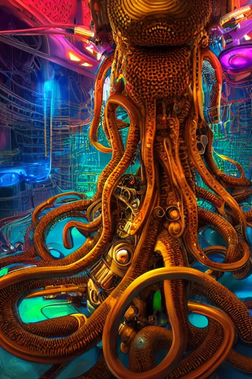 Image similar to portrait of humongous cyberpunk octopus, symmetric, body full glowing vacuum tubes, realistic digital art, 3 d render of futuristic steampunk generators inside a huge steampunk engine, 8 k, fluorescent colors, halluzinogenic, multicolored, exaggerated detailed, unreal engine