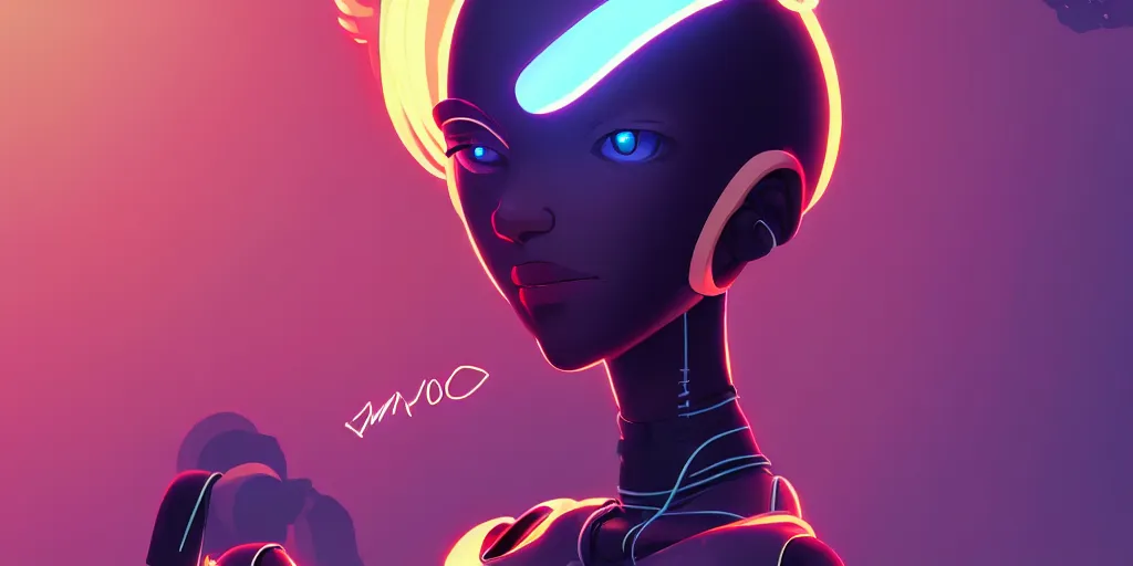 Image similar to digital illustration of sleek humanoid robot by makoto shinkai, ilya kuvshinov, lois van baarle, rossdraws, basquiat | afrofuturism, in the style of hearthstone, trending on artstation | cool color scheme