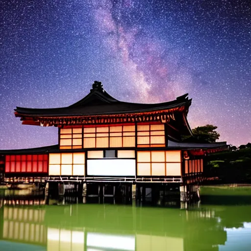 Prompt: A traditional japanese building underneath the milkyway at night both relfecting inside a lake