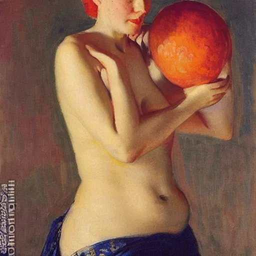 Image similar to A woman holding two melons to her chest, modest, 1950s, americana, award-winning, suburban, by Ilya Repin