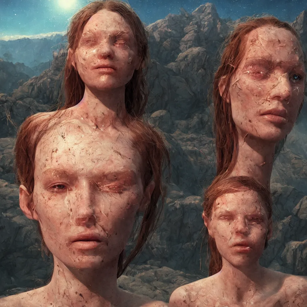 Image similar to extremely detailed cinematic movie still 3 0 7 7 portrait shot of phoenix princess 1 8 years old white woman hyperreal skin face at the mountain top by denis villeneuve, wayne barlowe, simon birch, marc simonetti, philippe druillet, beeple, bright volumetric sunlight from remote star, rich moody colors, closeup, bokeh