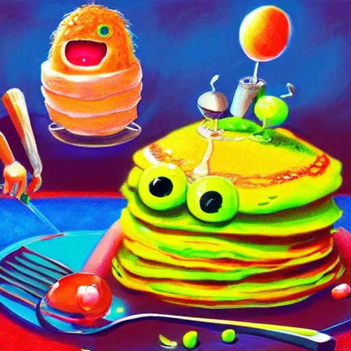 Image similar to a tennis ball monsters eating fluffy pancakes with syrup, colorful, digital art, fantasy, magic, chalk, trending on artstation, ultra detailed, professional illustration by basil gogos