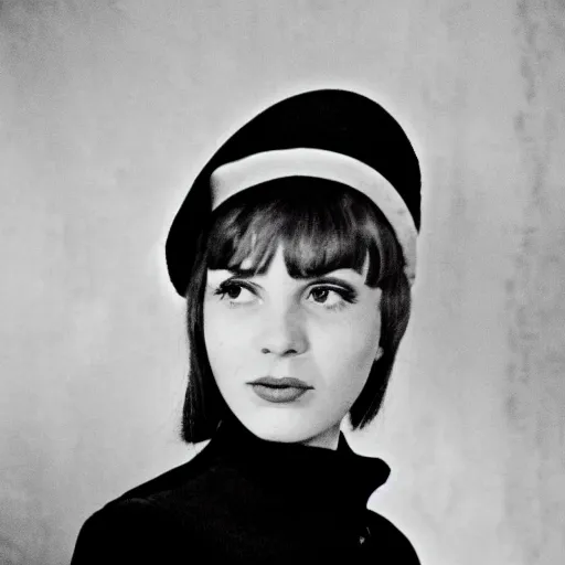 Image similar to still from a masterpiece 1 9 6 0 s french art film, very beautiful and elegant girl in beret with large eyebrows sits in the far background with an angry expression, moody lighting, viewed from afar, cinematic shot, the camera is focused on her conversation with a man, color film