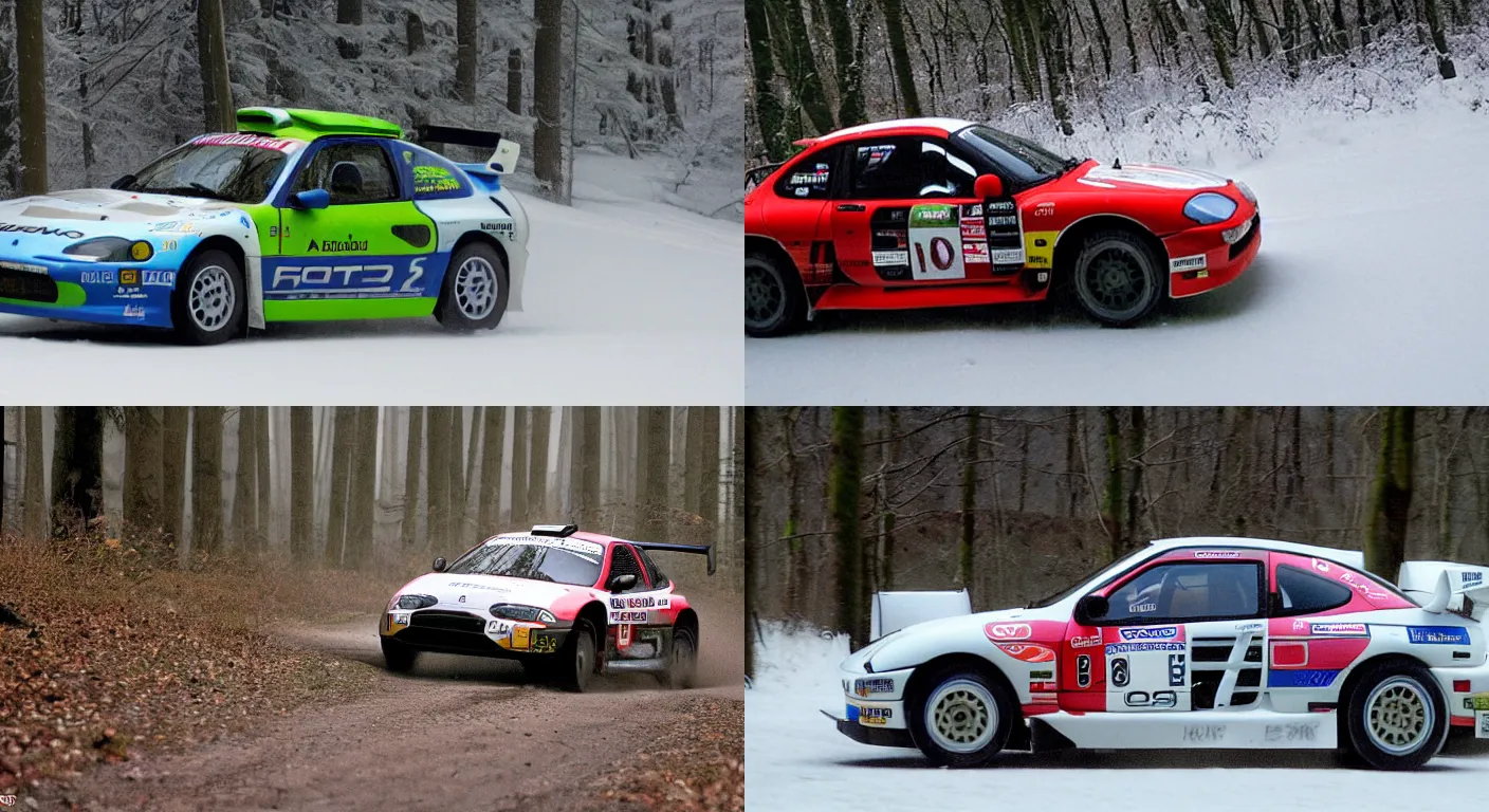 Prompt: a 1 9 9 8 mitsubishi fto gp version r, racing through a rally stage in a snowy forest