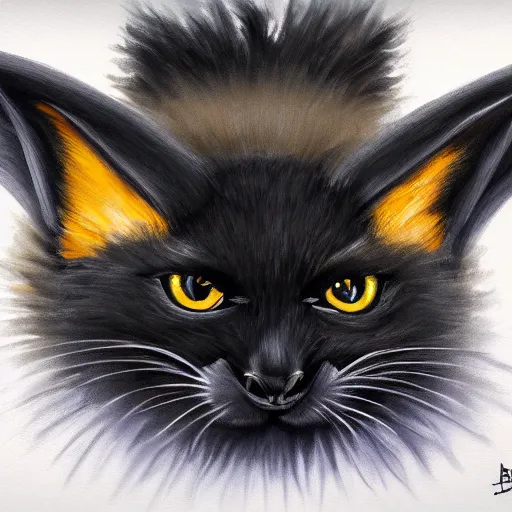 Image similar to cute fluffy bat with black cat face with big gold eyes hybrid animal detailed painting 4 k