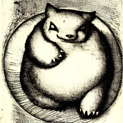 Image similar to snorlax, copperplate etching by albrecht durer